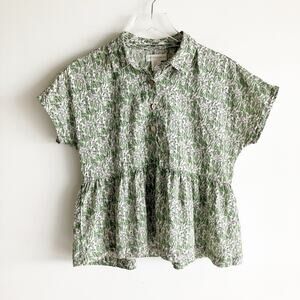 Cynthia Rowley XS 100% Linen Floral Print Green Blouse Short Sleeve Ruffle